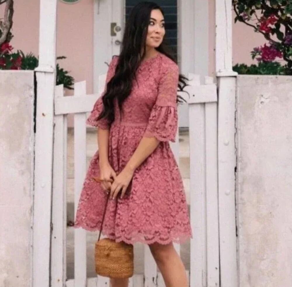 Gal Meets Glam Josephine Floral Lace Dress Mauve Bell Sleeve Bow Scallop 4